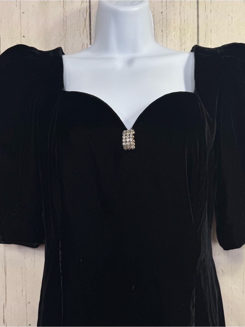 Vintage Cachet Black Velvet Dress 7/8 Rhinestone Puff Sleeve 80s Glam Holiday - Picture 3 of 16